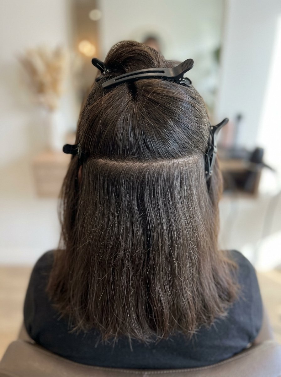 Back view of brown hair parted and secured with black clips for a salon service.