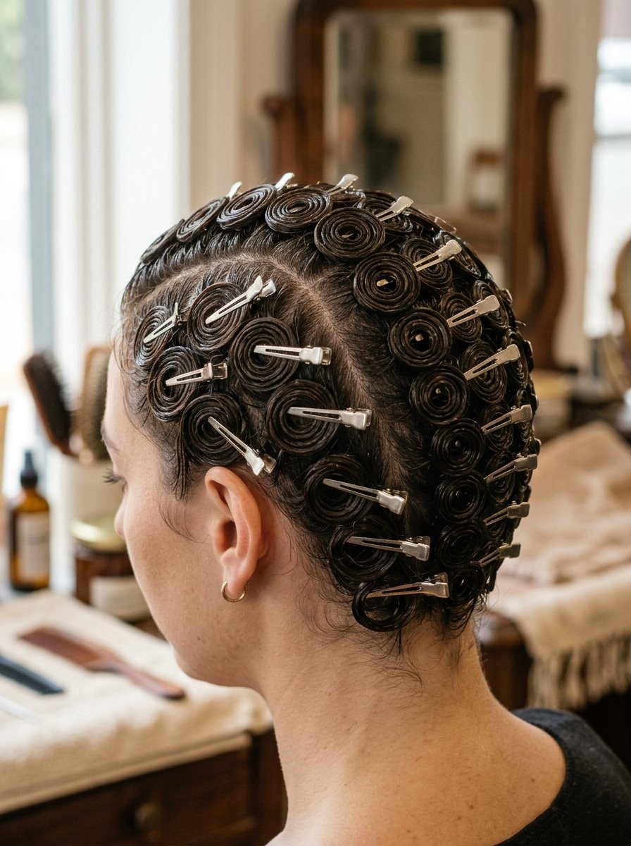 A client with dark hair styled into neat flat pin curls secured by silver metal clips at a hair salon.