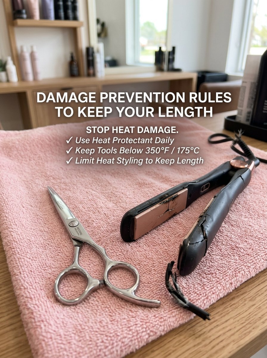 A damaged hair straightener and silver salon shears resting on a textured pink towel on a wooden desk.