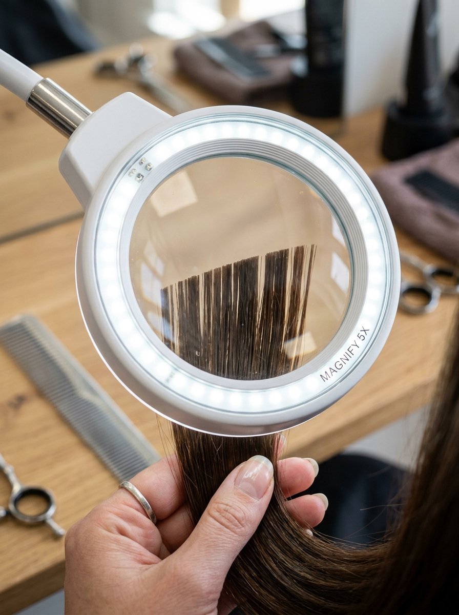 A stylist inspecting brown hair ends using a magnifying light with five times zoom for a detailed examination.