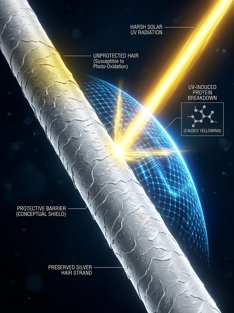 Close up of a hair strand being hit by UV rays with a digital shield protecting it from protein breakdown.