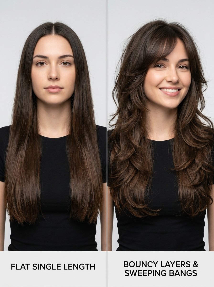 Comparison of a woman with straight hair versus the same woman with voluminous layers and curtain bangs.