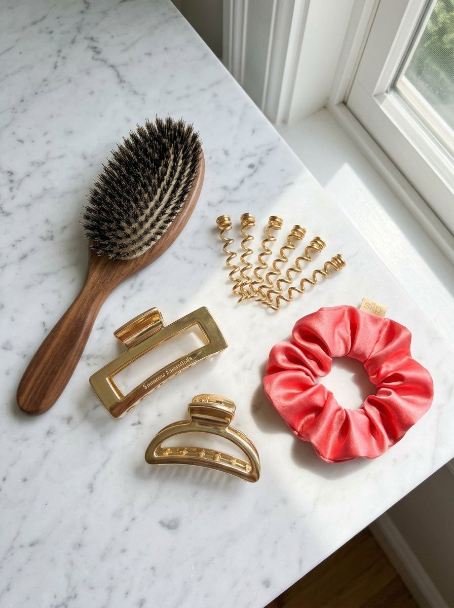 A wooden bristle brush, two gold metal hair clips, spiral pins, and a pink silk scrunchie on a marble countertop.