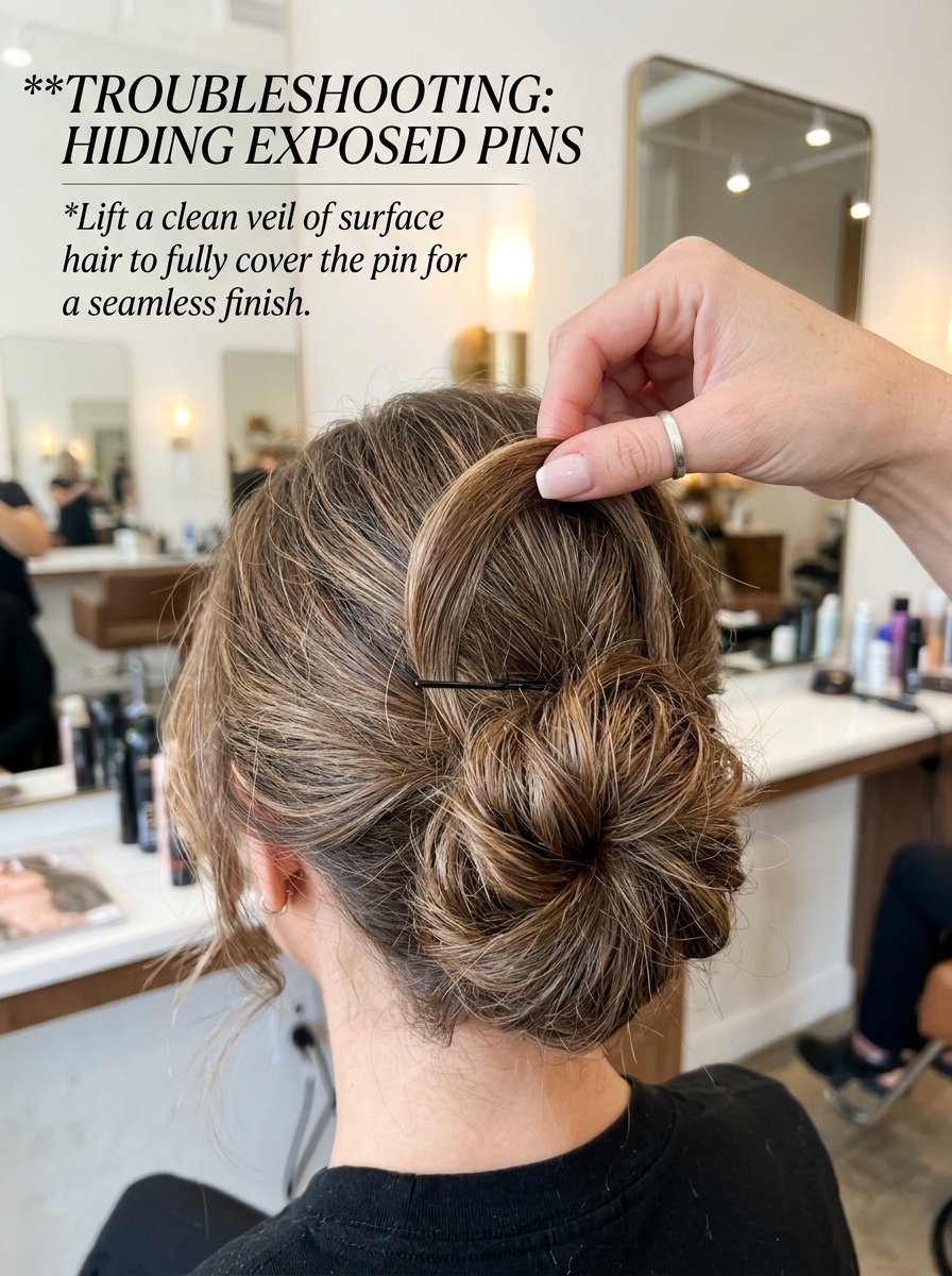 Close up of a hand lifting a section of brunette hair to cover an exposed black bobby pin on a finished bun style.