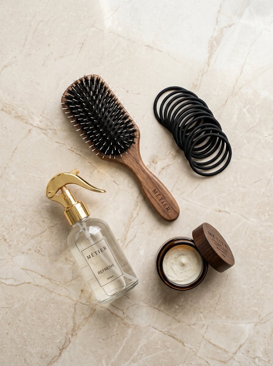 Metier hair brush, spray bottle, hair ties, and cream jar on a beige marble surface.