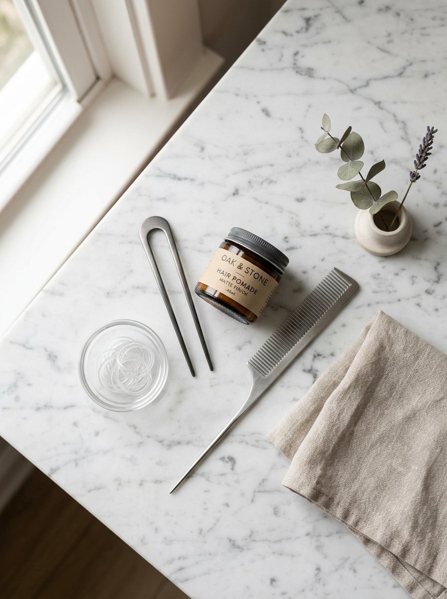 Hair pomade, metal comb, hair pin, and clear elastic bands on a marble surface with a small sprig of lavender.
