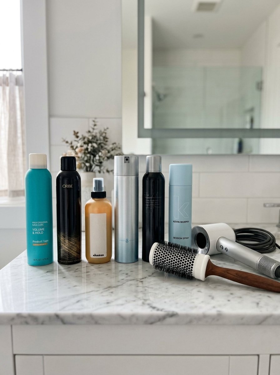 Collection of various hair spray and spray bottles lined up with a round brush and hair dryer.