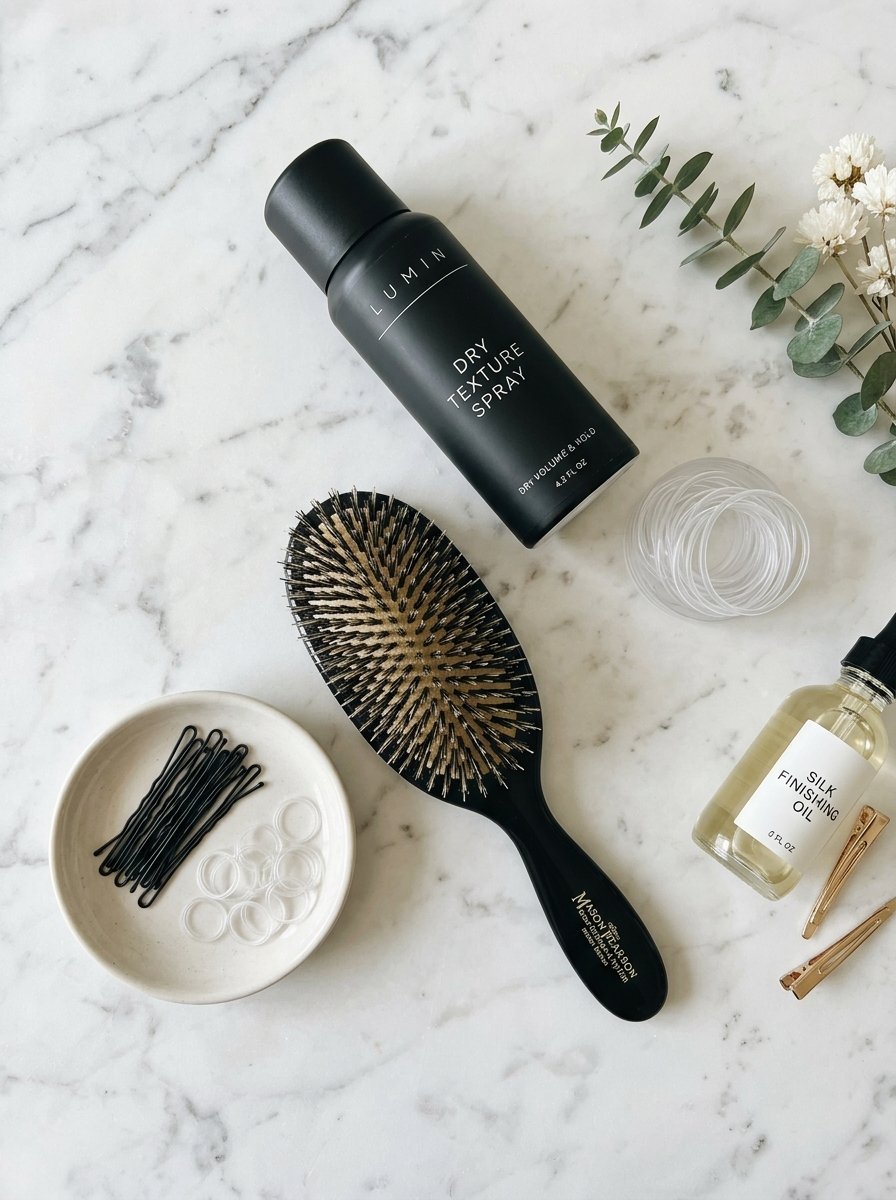 Top view of dry texture spray, a professional hair brush, hair pins, and silk oil arranged on a white marble background.