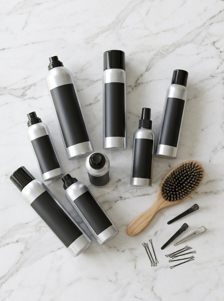 Top-down view of silver hair spray cans, a wooden brush, and bobby pins arranged on a white marble countertop.