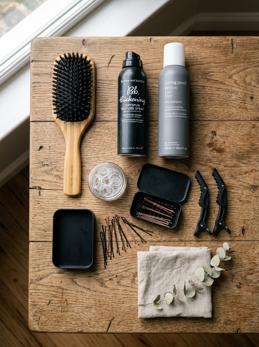 Flat lay of hair styling tools, texture spray, dry shampoo, and bobby pins arranged on a rustic wooden surface.