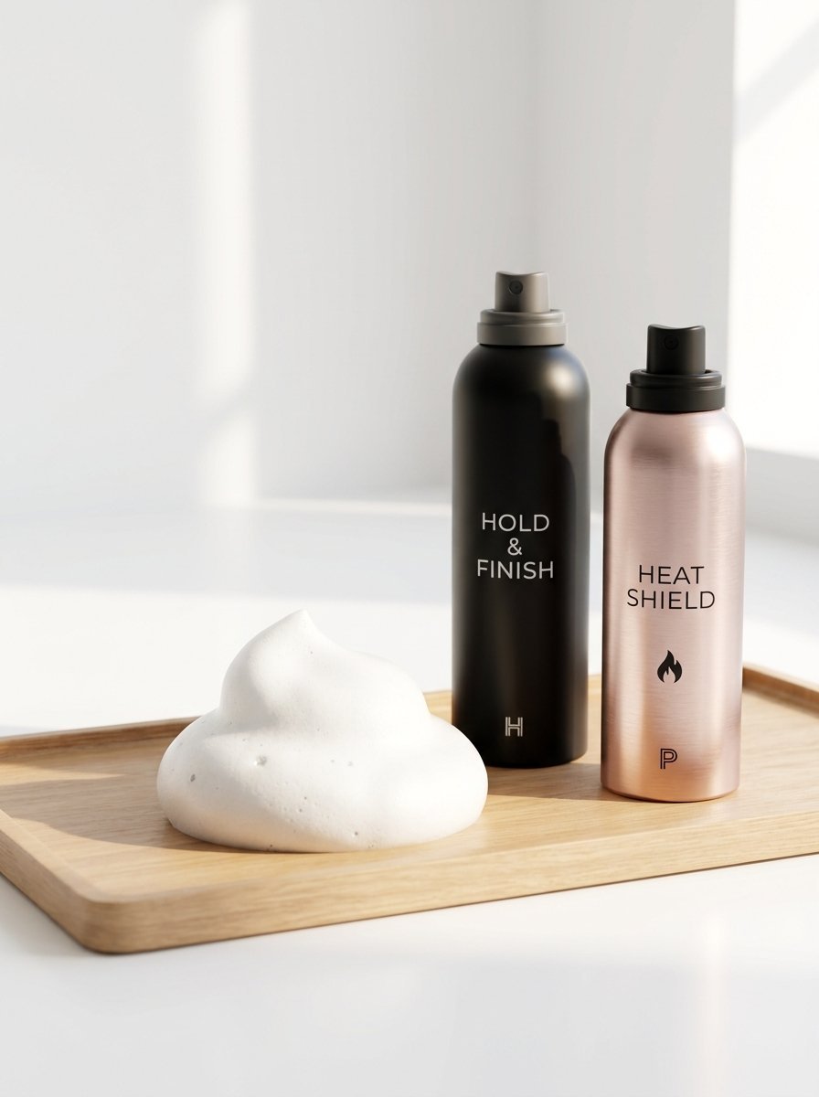 Black and rose gold hair styling cans next to a dollop of white styling foam on a light wood tray.