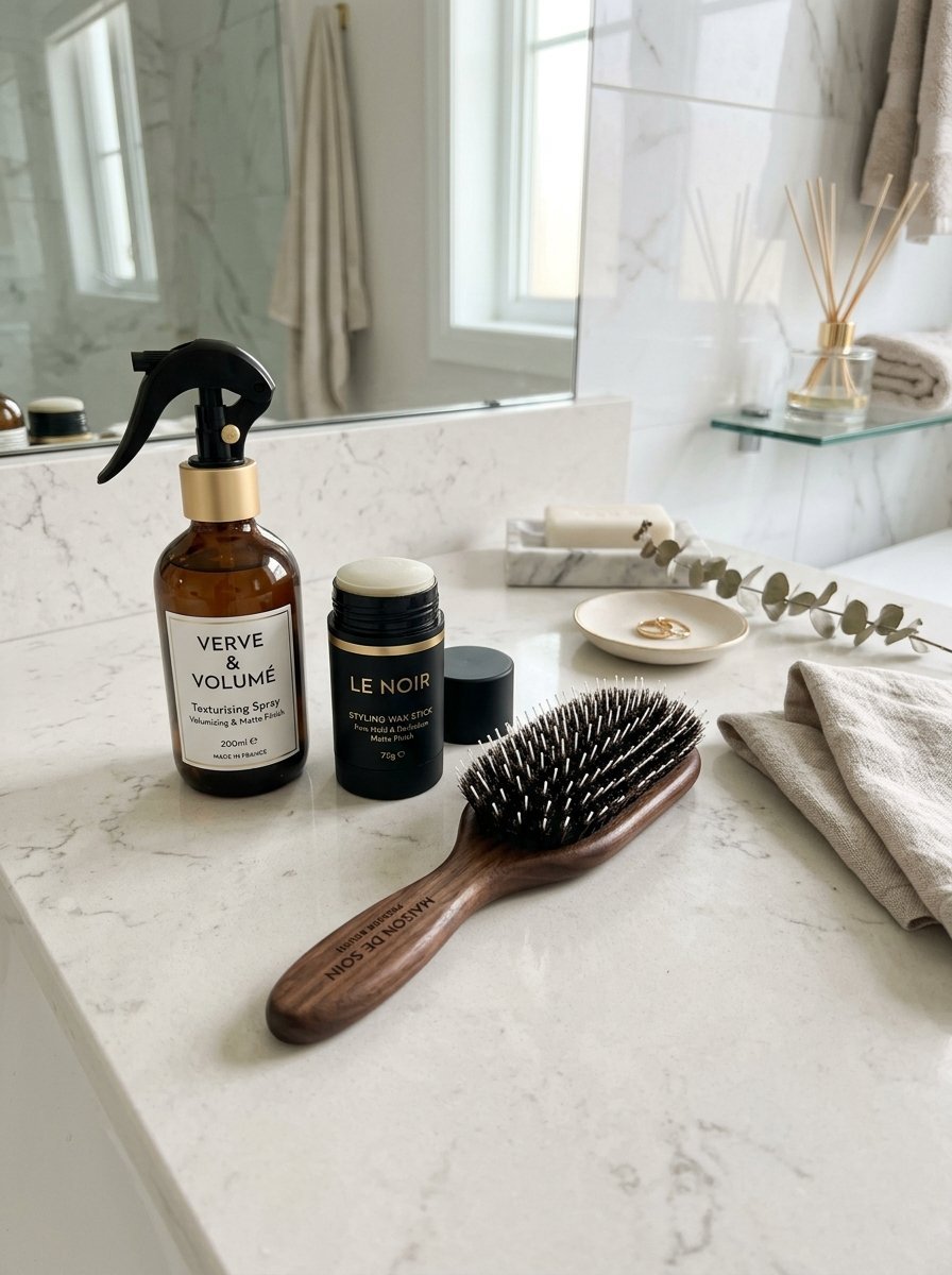 A spray bottle, wax stick, and wooden brush sit on a white marble bathroom counter.