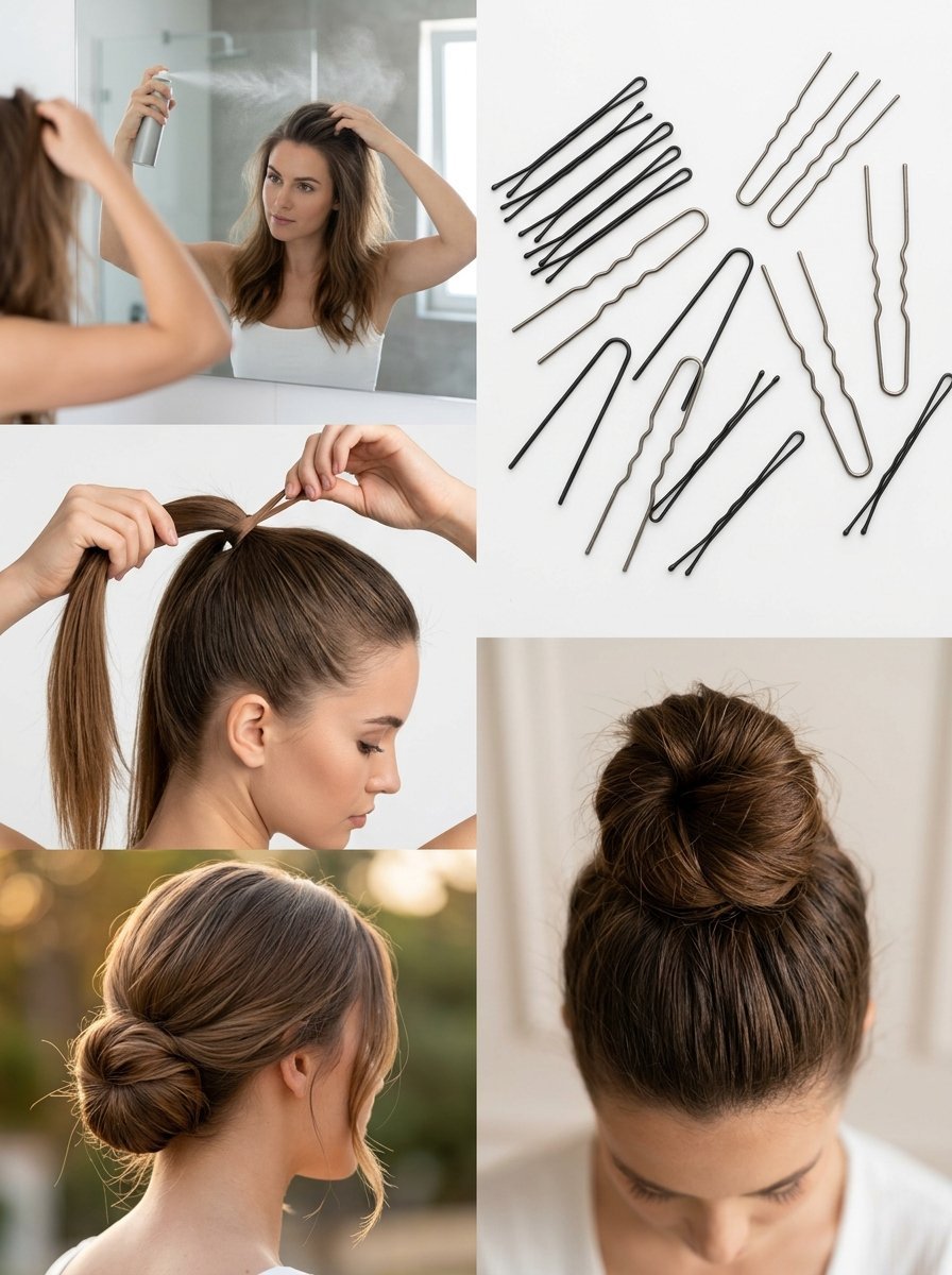 Split image showing a woman styling her brown hair into a ponytail and bun with pins.