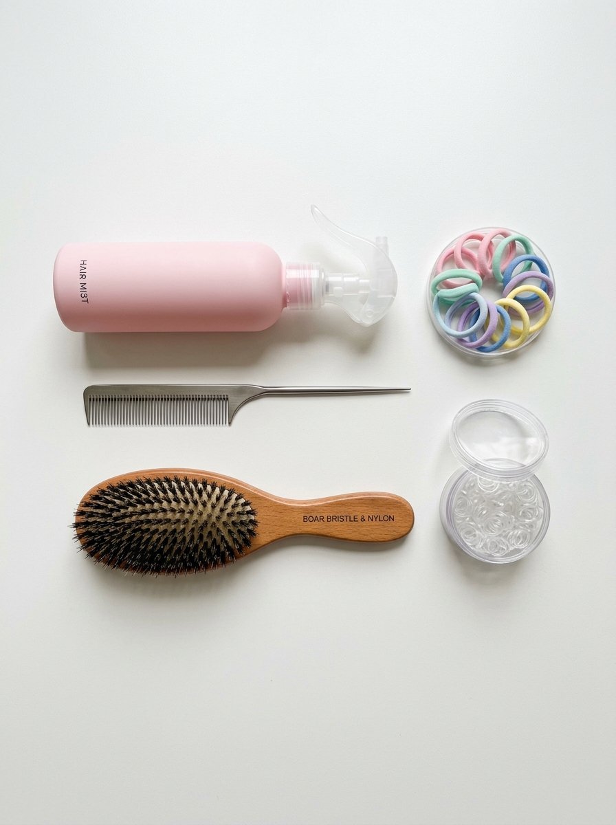 A pink hair mist bottle, metal rattail comb, wooden brush, and containers of pastel and clear hair elastics.