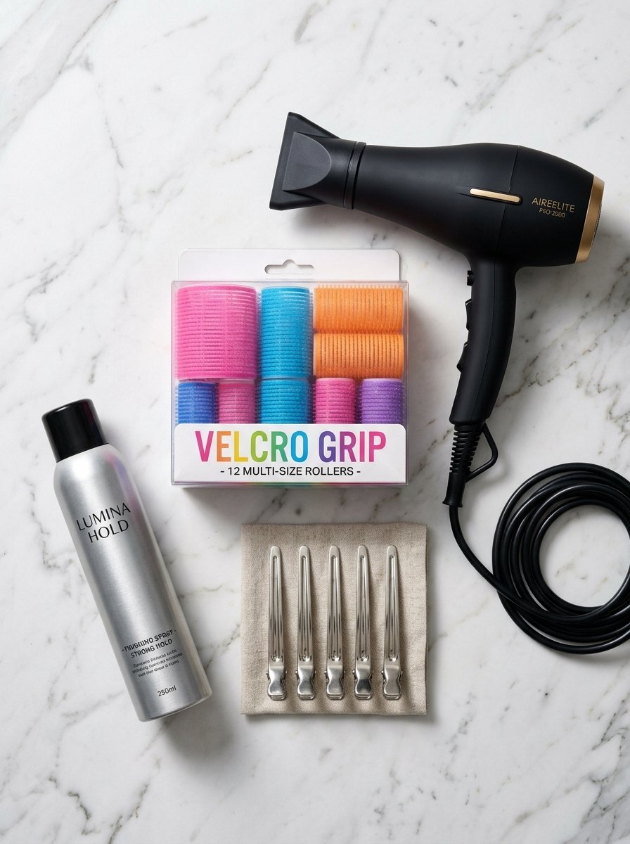 A hair dryer, Velcro rollers, styling spray, and five metal clips arranged on a white marble background.