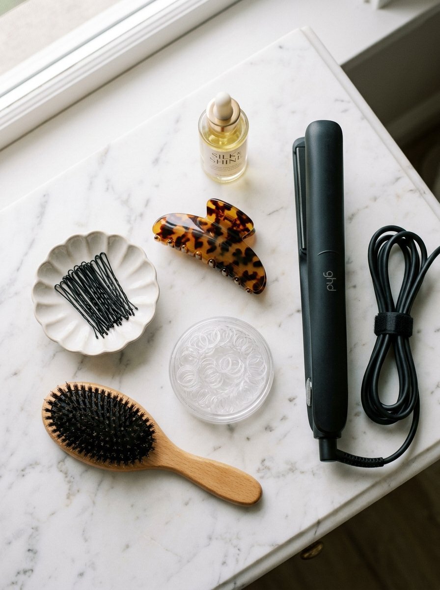 Flat iron, brush, hair oil, tortoise shell clip, pins, and clear elastics on a white marble surface.