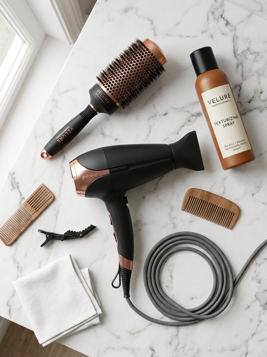 Black hair dryer, round brush, texturizing spray, wooden combs, and a hair clip on a marble countertop.