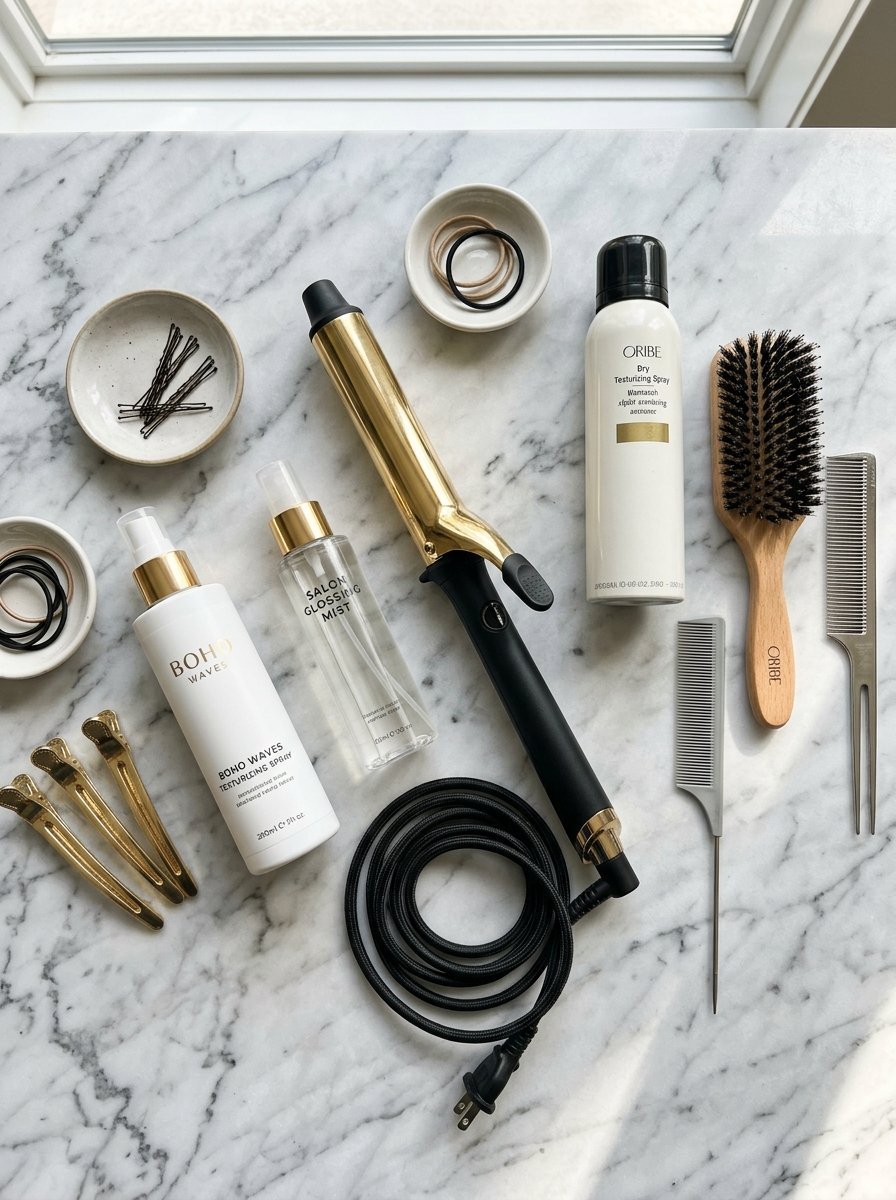 Flat lay of a gold curling iron, Oribe hair products, brushes, and clips on a white marble surface.