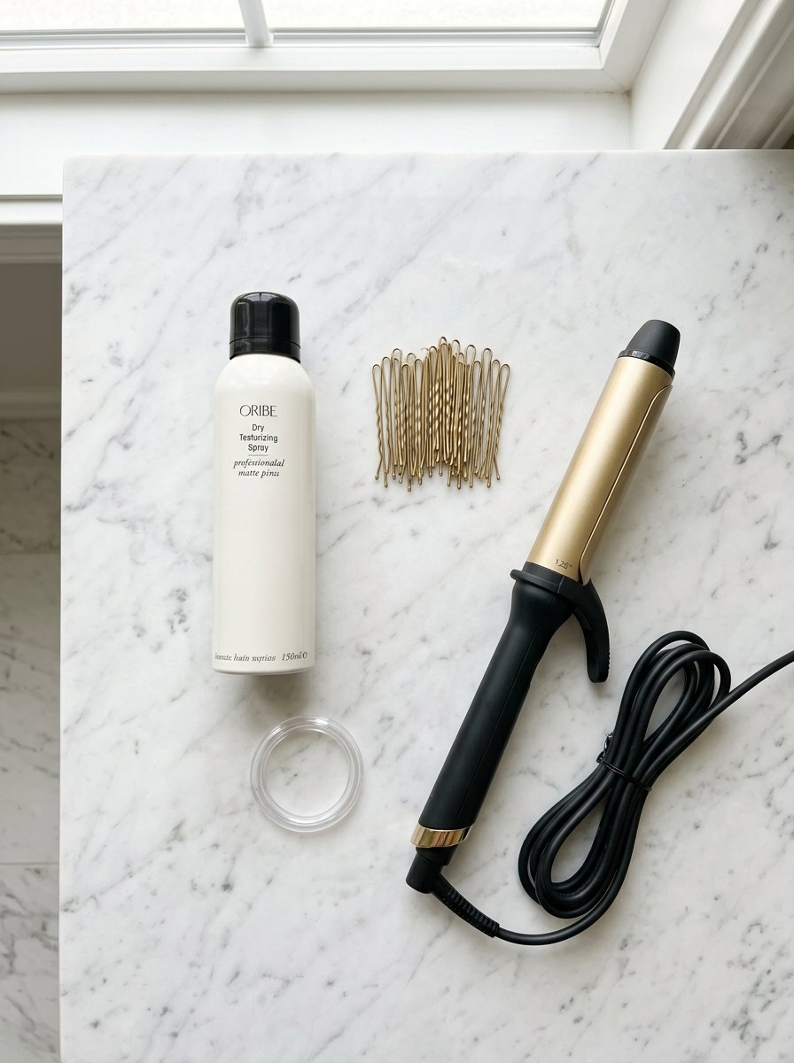 Oribe texturizing spray, gold bobby pins, and a curling iron laid out on a white marble countertop.