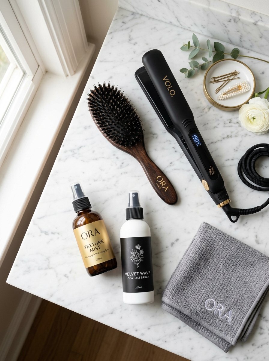 Collection of Ora and Volo hair styling accessories and products arranged on a white marble surface.