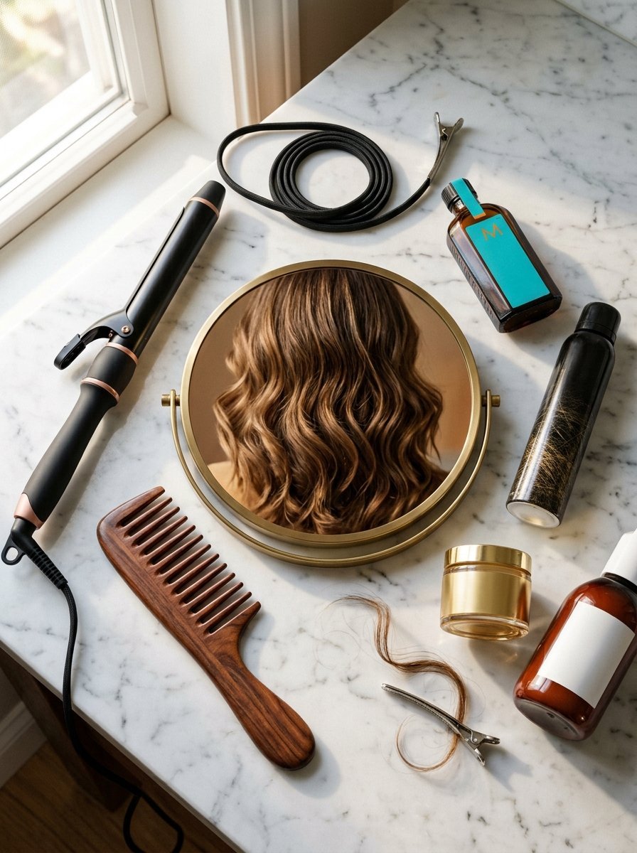Curling iron, wooden comb, and hair products displayed around a round mirror reflecting wavy brown hair.