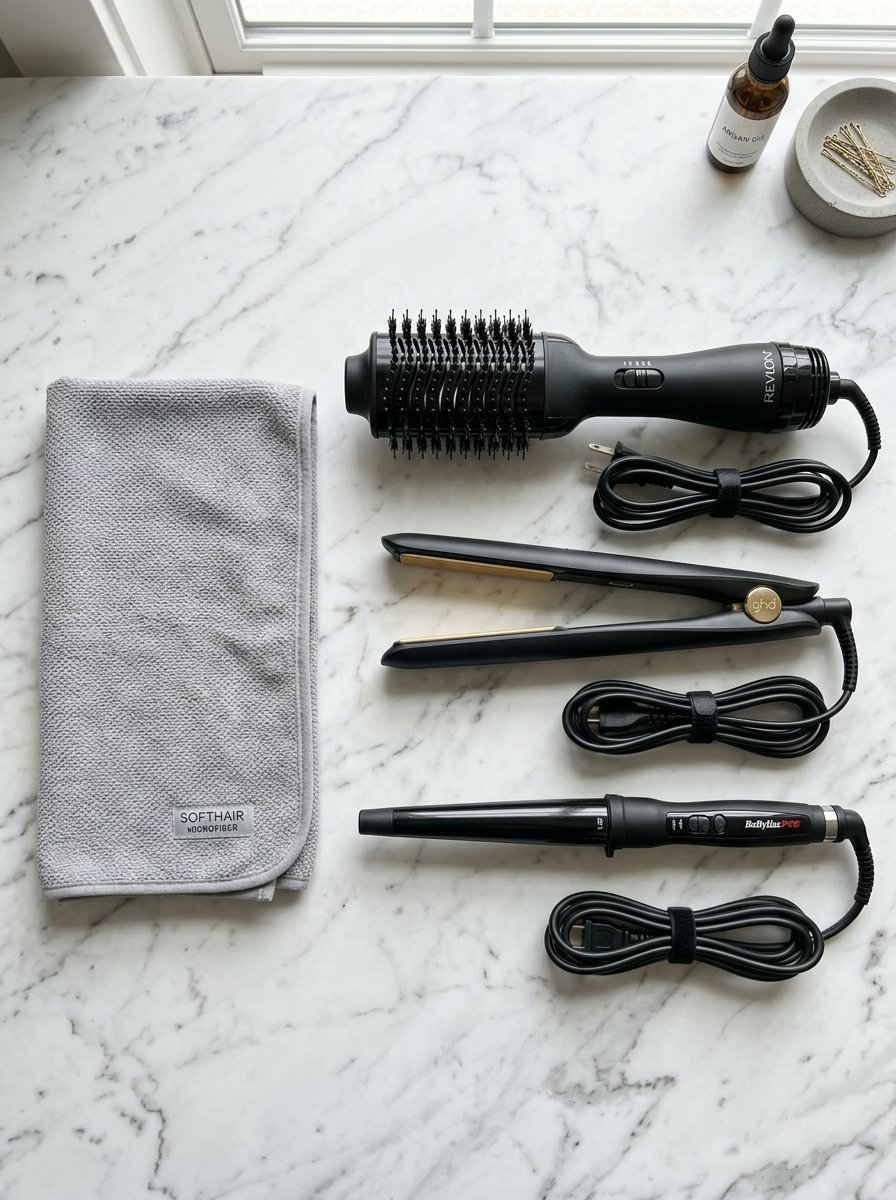 Top-down view of a hair dryer brush, straightener, curling iron, microfiber towel, and hair oil on a marble surface.