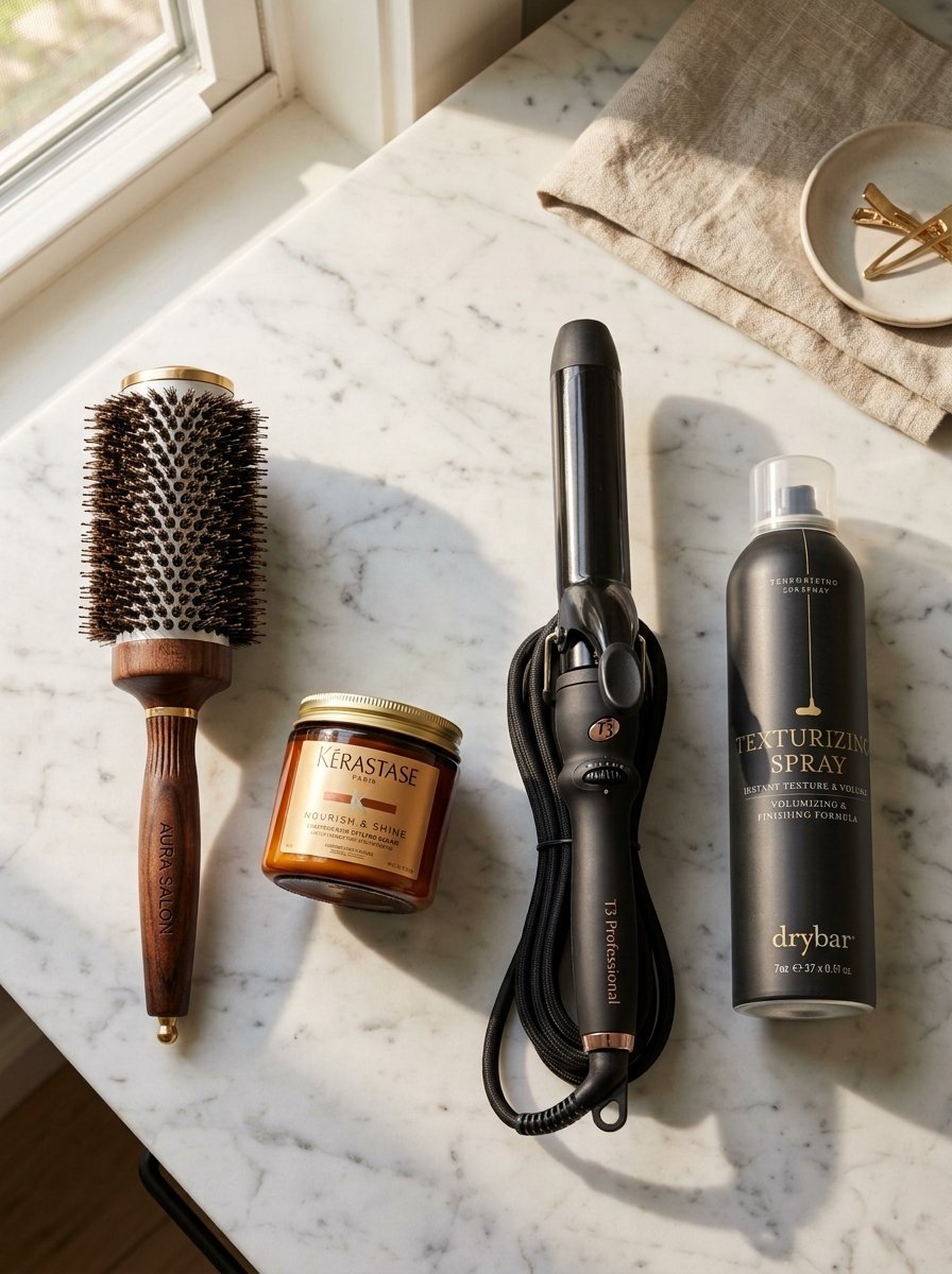 Round hair brush, hair wax, curling iron, and texturizing spray arranged on a marble vanity surface.