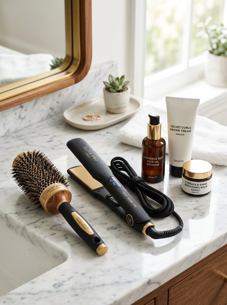 Round brush, flat iron, hair oil, curl cream, and smoothing balm arranged on a marble bathroom counter.