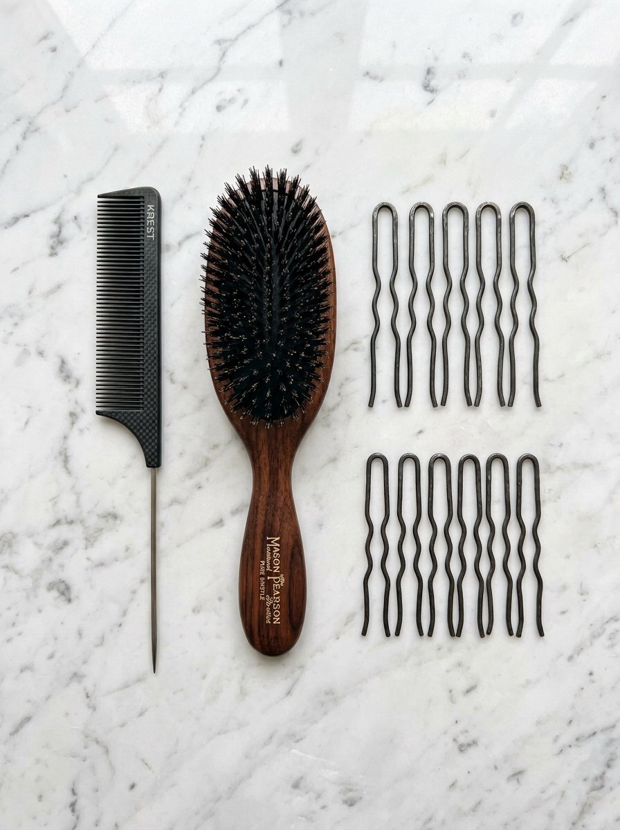 A wooden hairbrush, carbon tail comb, and two rows of U-shaped metal hairpins displayed on white marble.