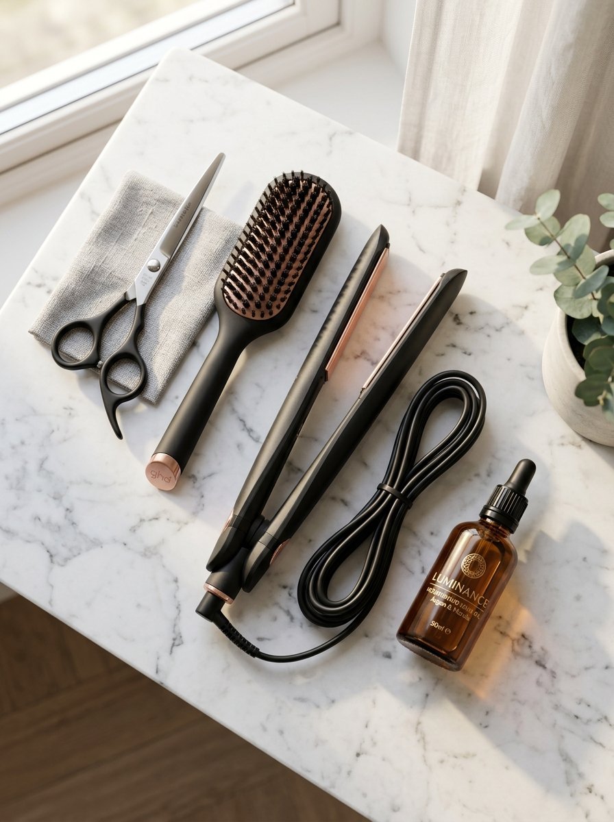 Hair straightener, brush, scissors, and hair oil bottle laid out on a marble surface.
