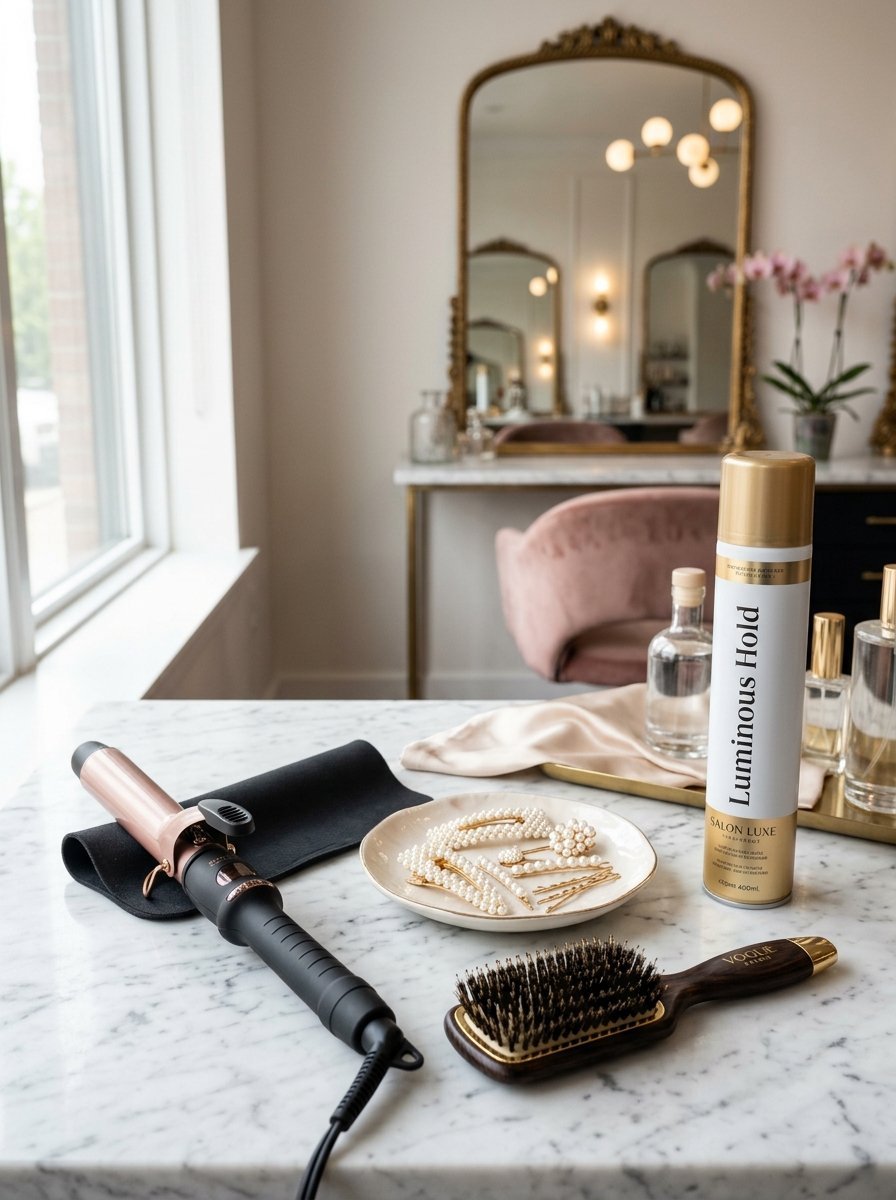 Curling iron, hairspray, and pearl hair clips on a white marble countertop in a salon.