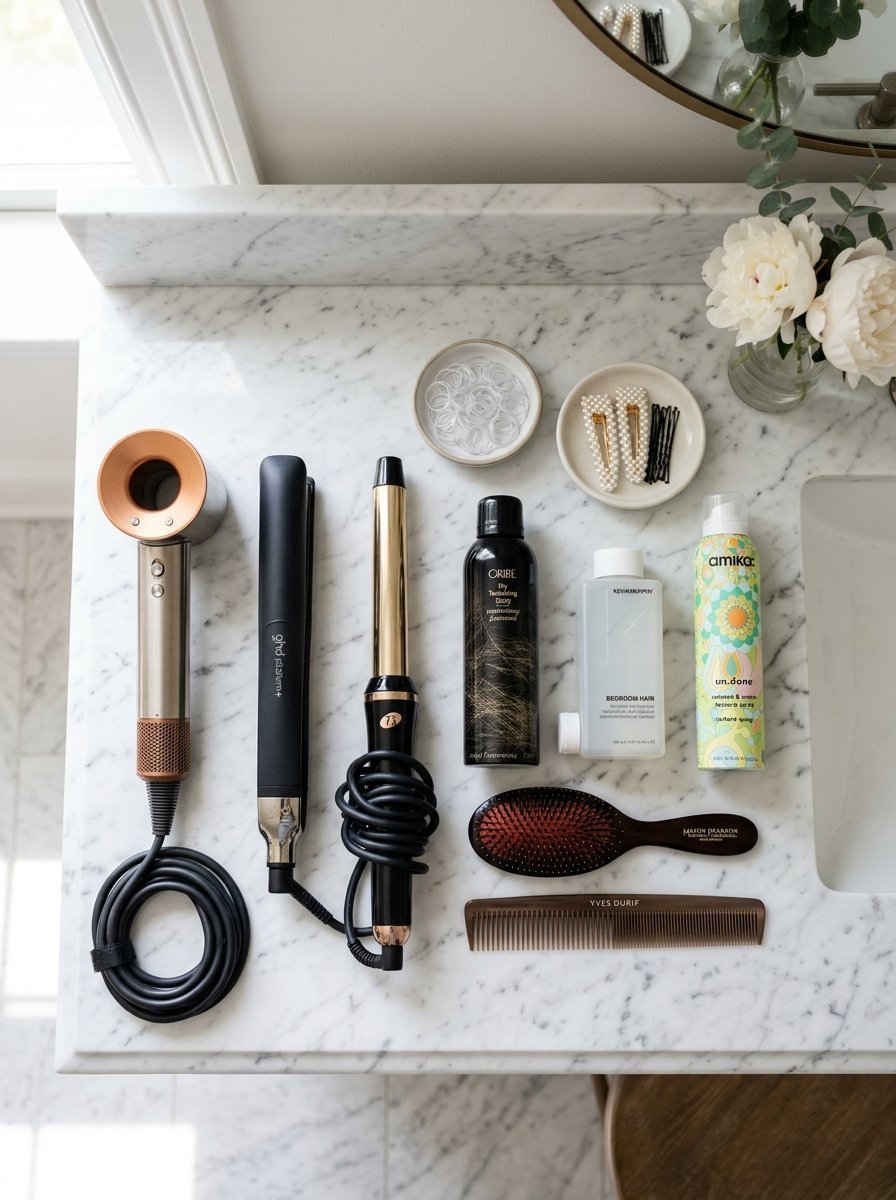Top-down view of a hair dryer, iron, sprays, brushes, and accessories arranged on a white marble countertop.