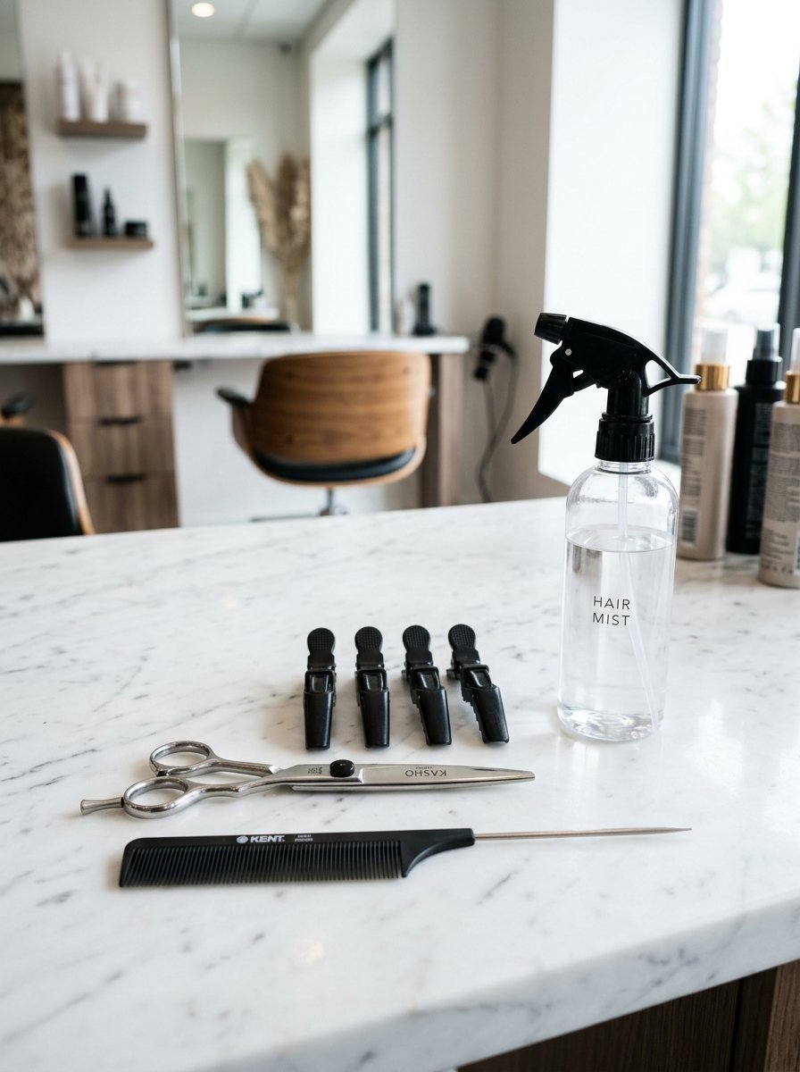 Close up of metal haircutting scissors, four black clips, and a clear hair mist bottle on a marble counter.