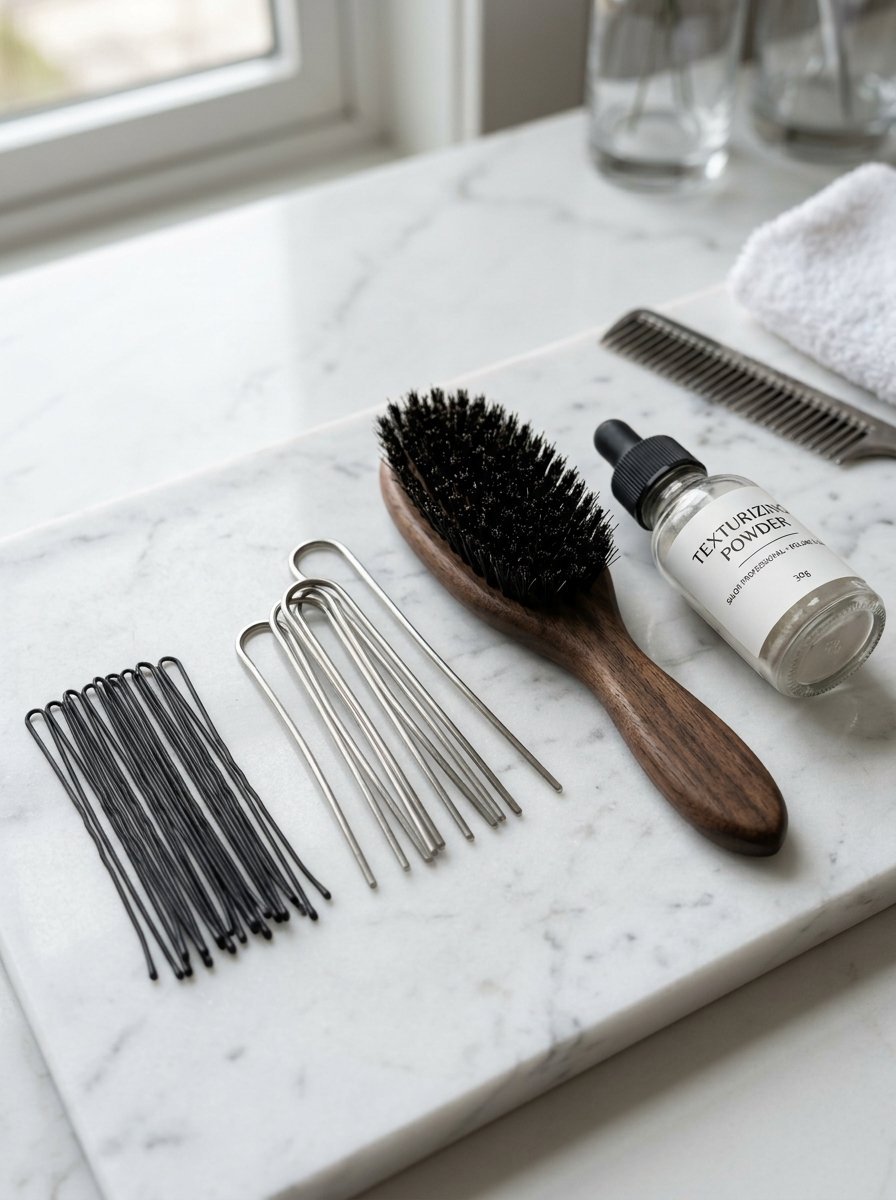 Hairpins, a wooden brush, texturizing powder, and a comb placed on a white marble board.