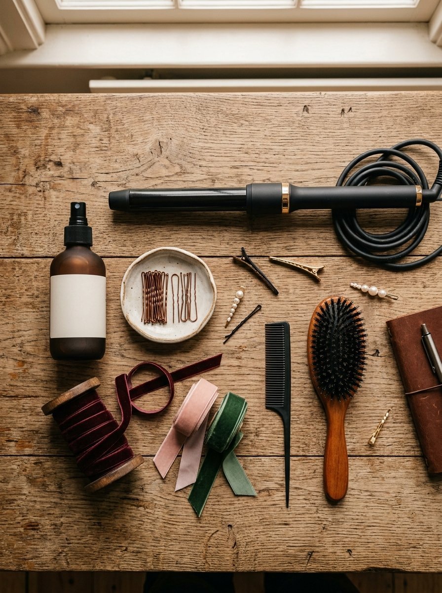 Hair care accessories including curling iron, hairbrush, clips, and ribbons arranged on a rustic wooden table.