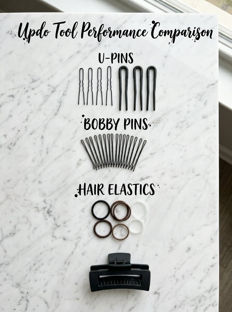 Top-down view of u-pins, bobby pins, elastic bands, and a claw clip arranged on a white marble table.
