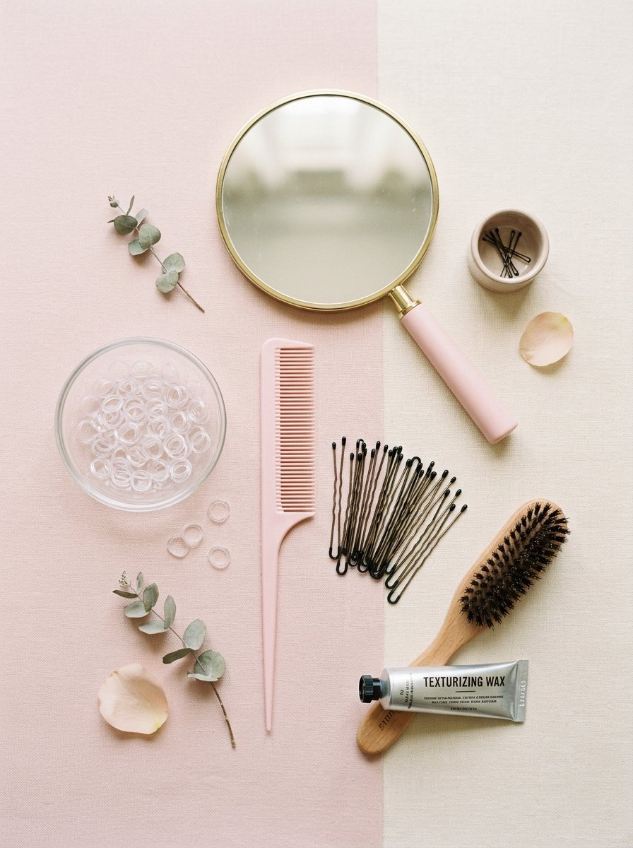Round mirror, pink comb, bobby pins, clear elastic bands, and texturizing wax on a blush and beige surface.