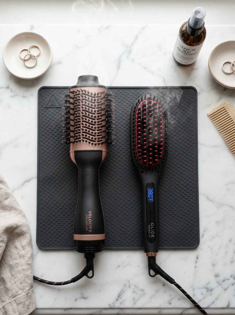 A volumizing round brush and a heated straightening brush resting on a black honeycomb pattern heat mat.