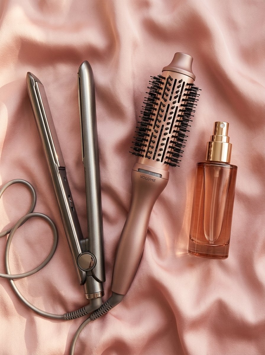 A flat iron, round hot air brush, and small amber spray bottle arranged on soft pink pleated satin fabric.