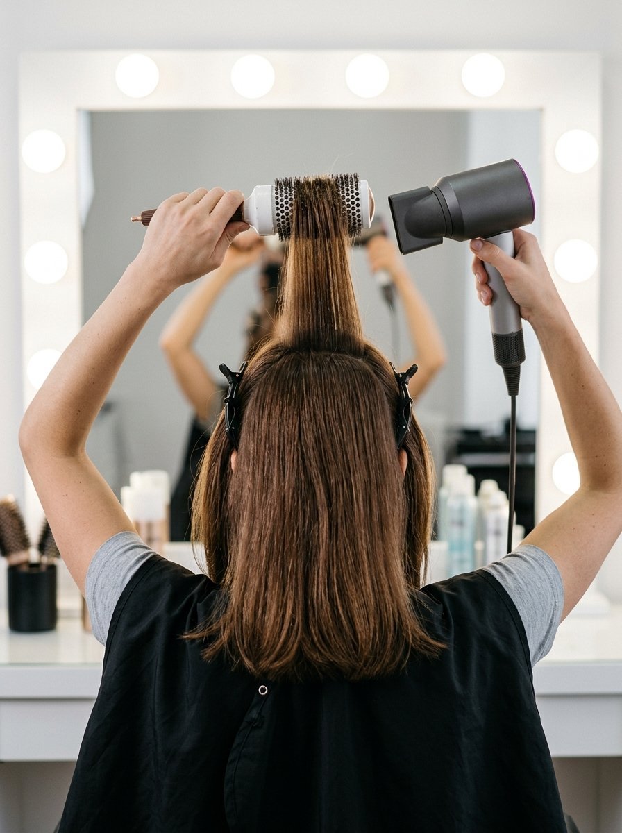 A person using a round brush and a modern hairdryer to style hair in front of a lighted vanity mirror.