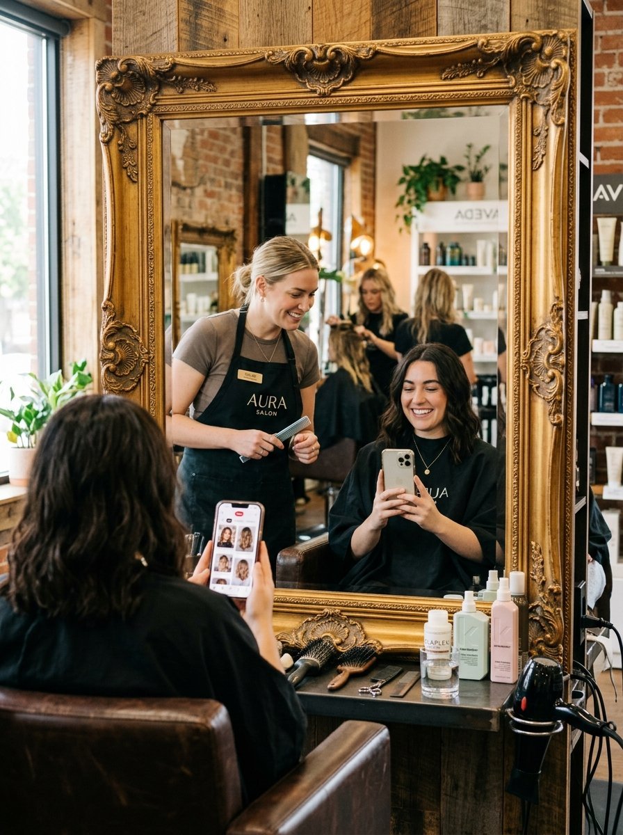 A smiling hair stylist holding a comb next to a client who is showing reference photos on a smartphone.