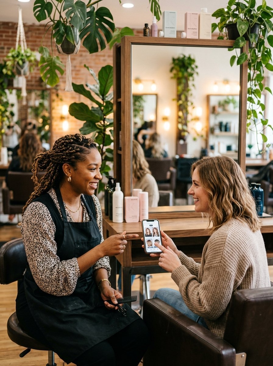 A friendly hairdresser and her client sitting in a salon chair discussing hair styles shown on a phone screen.