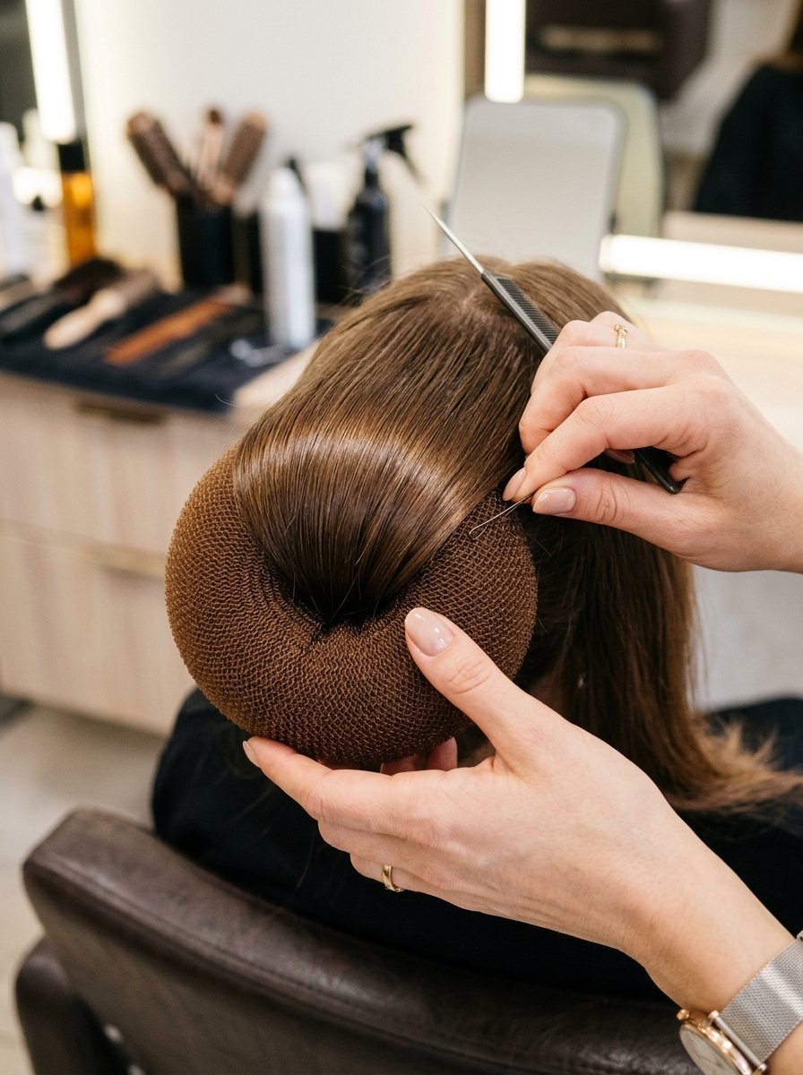 Close up of a hairdresser placing brown mesh hair donut around a ponytail with a styling comb.