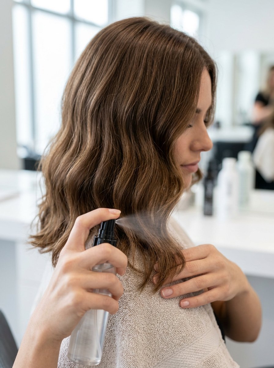 Close-up of a hand using a spray bottle to apply hair product to soft wavy brown tresses.