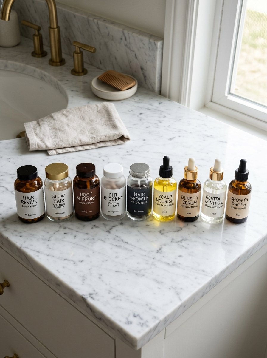 Collection of hair health capsules and dropper bottles arranged on a marble vanity near a bathroom sink.