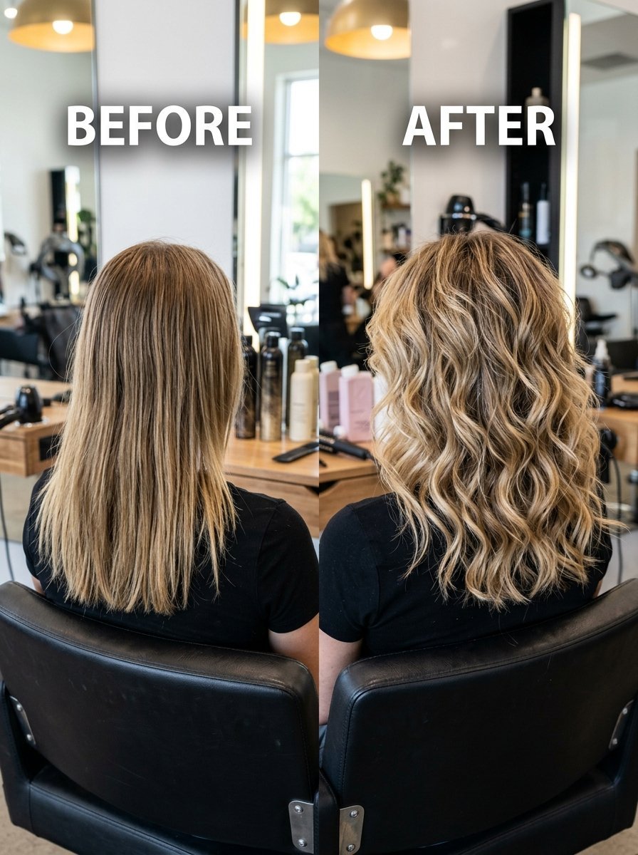 Split screen image showing a woman's hair before and after receiving a professional salon styling treatment.