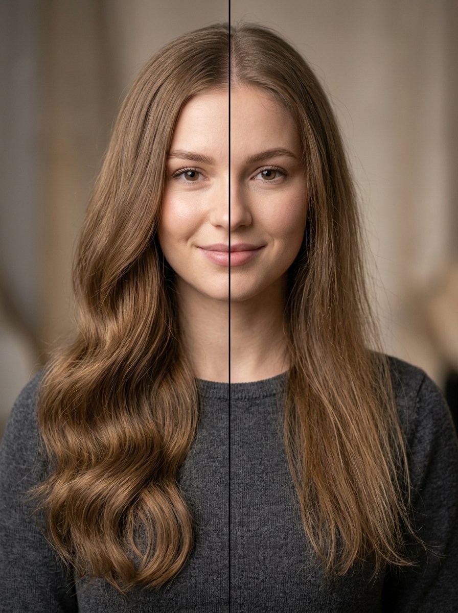 A woman's face split down the middle showing one side with voluminous wavy hair and the other side with straight hair.