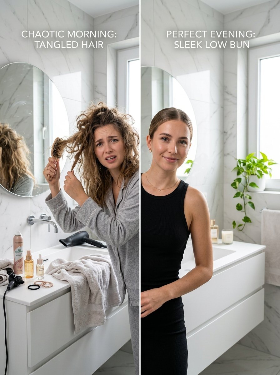 Comparison photo of a woman struggling with frizzy tangled hair versus a finished sleek low bun hairstyle.