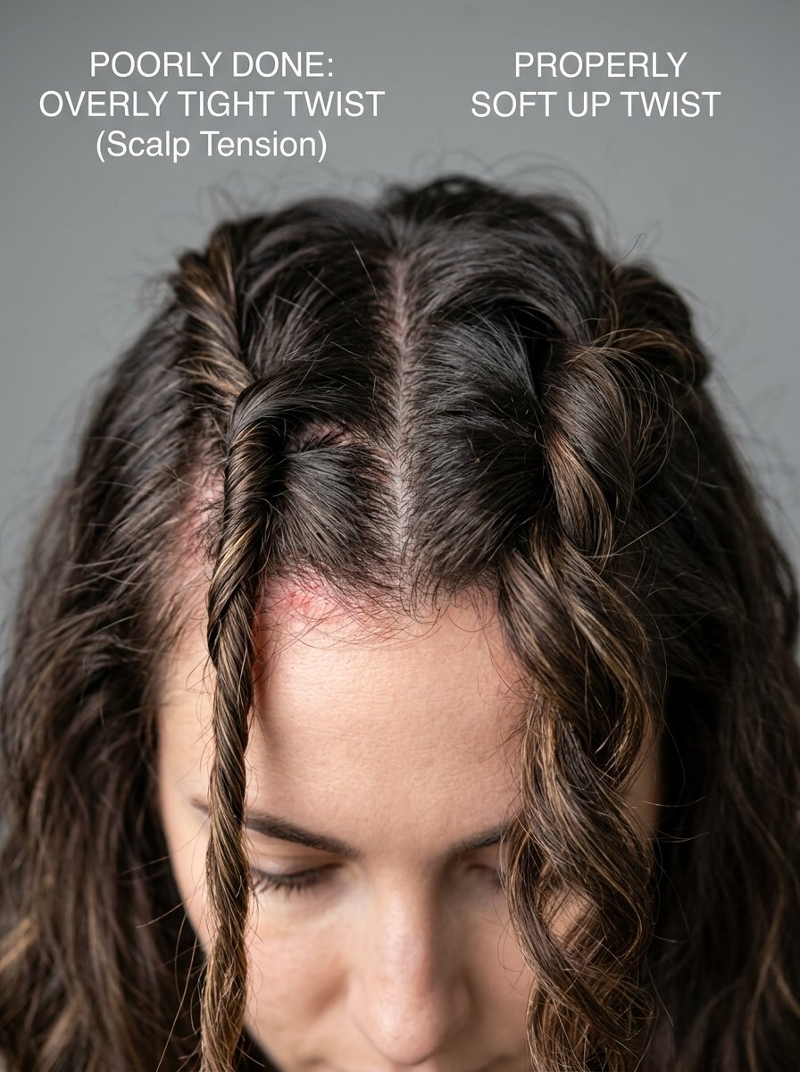 Close-up of hair showing a tight twist causing redness on the left versus a soft, gentle twist on the right.