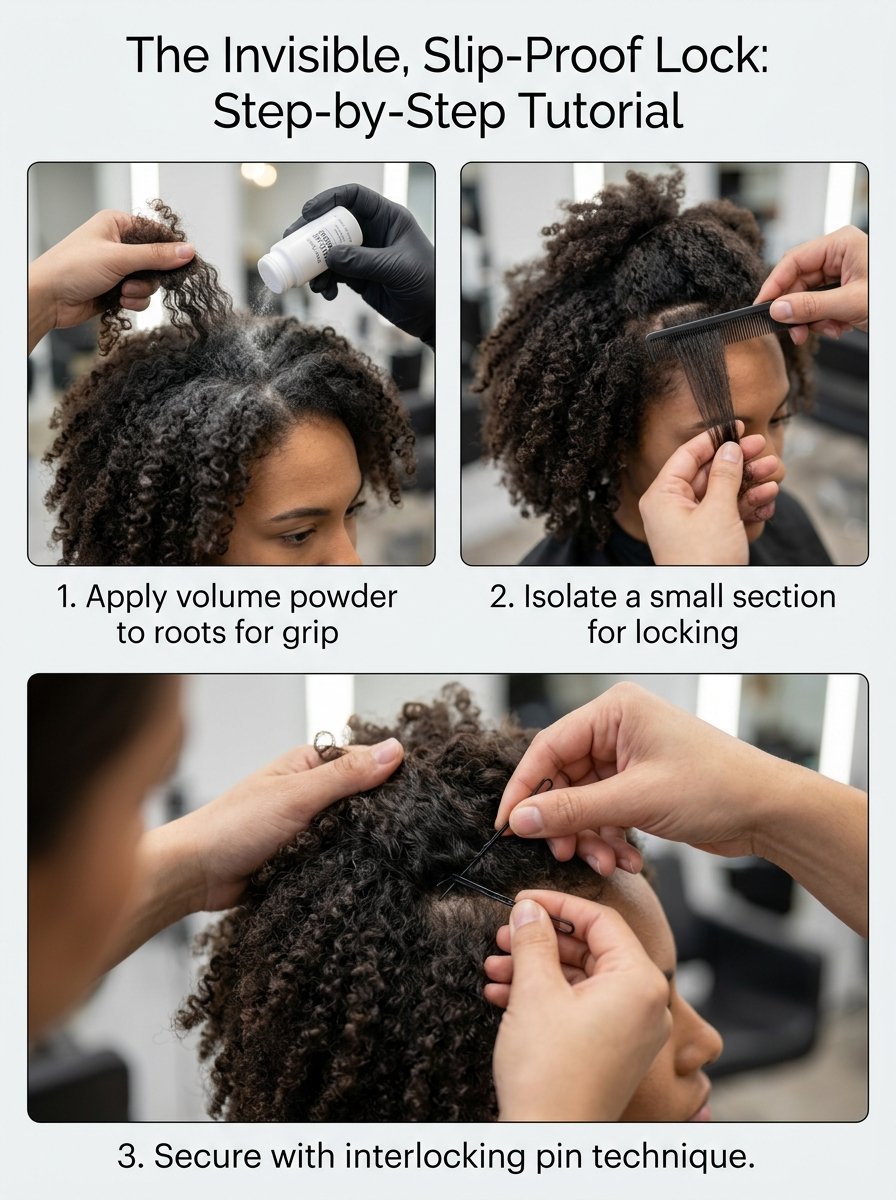 A collage showing a stylist applying volume powder, parting curly hair with a comb, and pinning it with bobby pins.